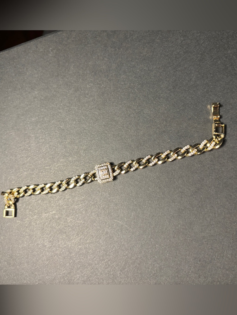 Gold-Tone Curb Chain Bracelet with Crystal Square Accent